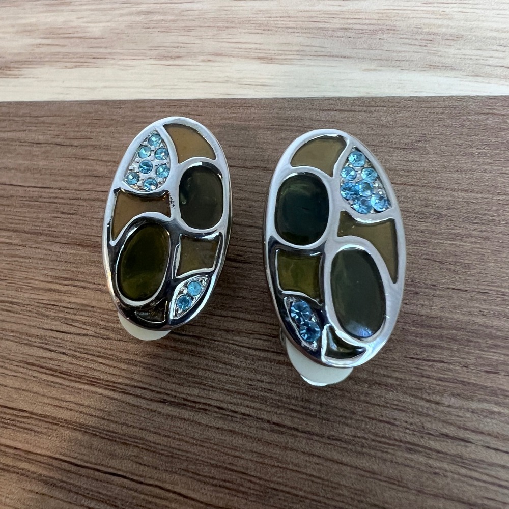 Oval Clip On Earrings Womens OS Silver Blue Green Enamel Rhinestone Retro Y2K